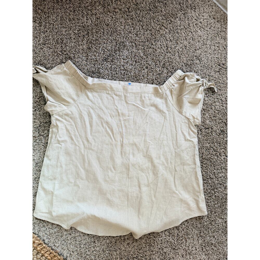 Rosette linen blend square neck shoulder top tie sleeves euc M